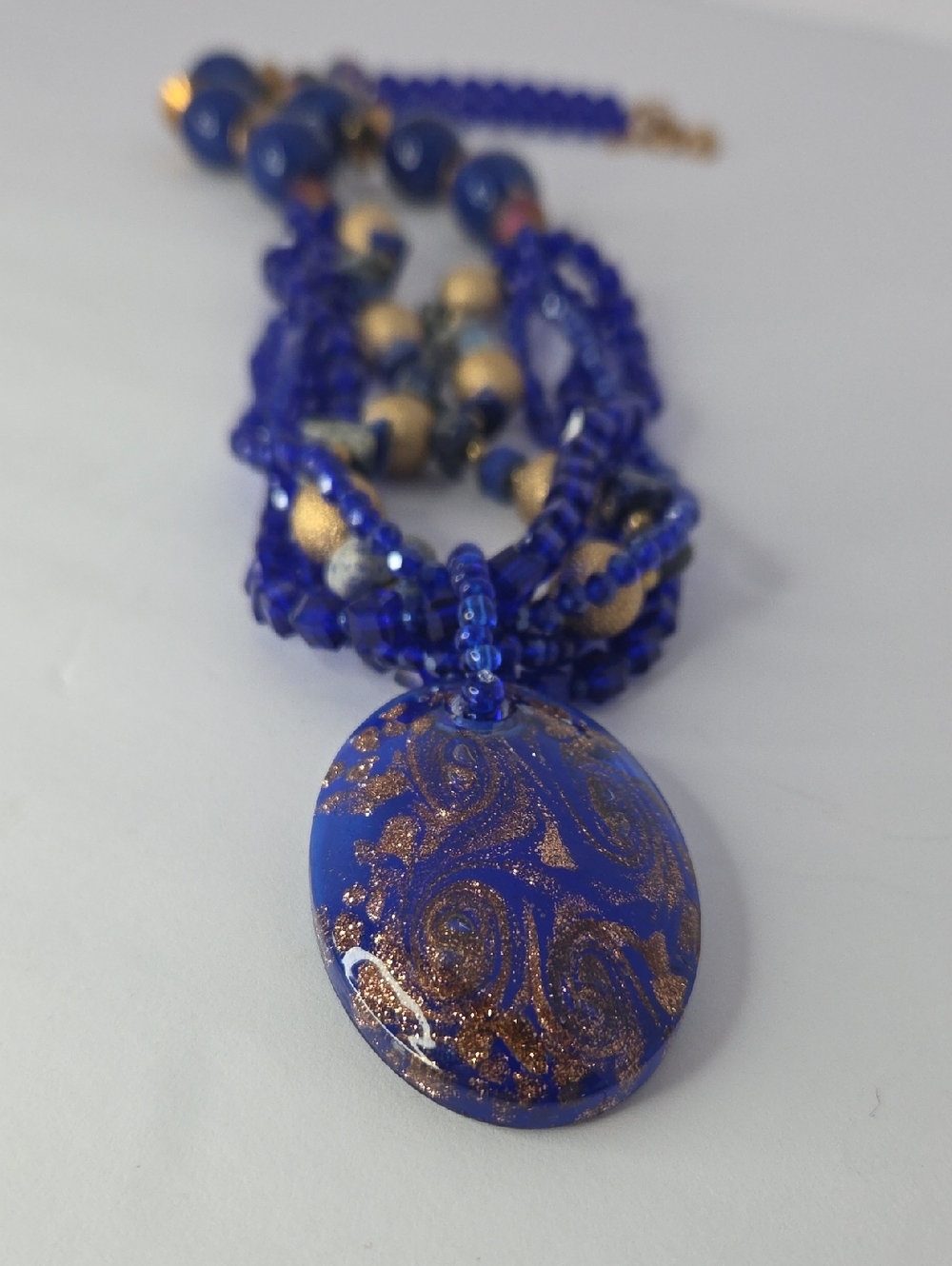 Long Multi-strand Colbalt Blue Glass And Stone Necklace 14" Drop Plus Extender